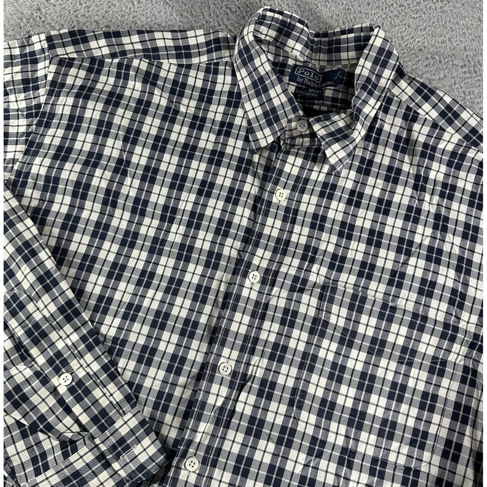 VINTAGE Polo Ralph Lauren Plaid‎ Shirt Mens XL White Lowell Sport 100% Cotton